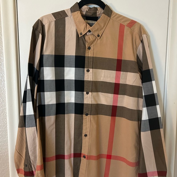 Burberry Men's Plaid Shirt - Beige Black Red